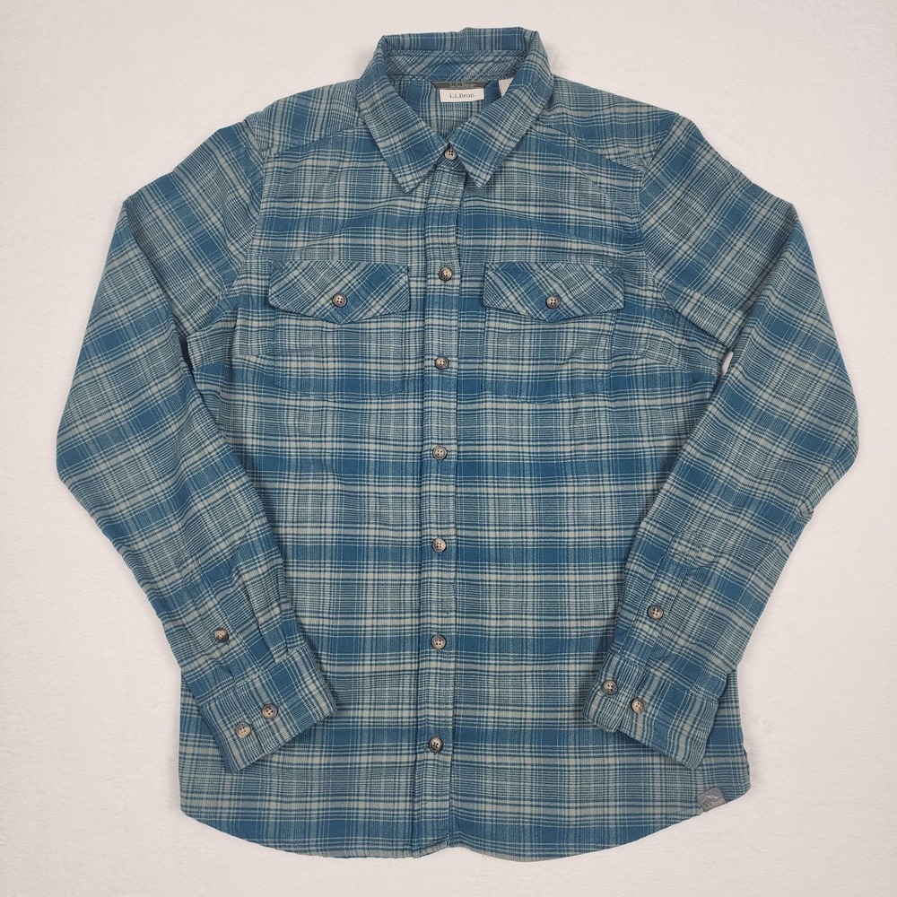 LL Bean Flannel Shirt Womens XS Blue Rugged Ridge Plaid Button Up Outdoor